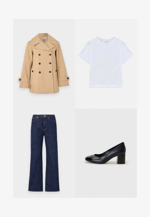 Beige dobbeltradet trenchcoat med brede revers, sorte knapper, sidelommer og knappede ærmestropper.; Hvid cropped t-shirt lavet af blødt bomuld, med rund hals og korte ærmer og en let løs pasform. Ingen mønstre eller accenter.; Mørkeblå vidde jeans lavet af denim. Har en knaplukning, forlommer og kontrasterende syninger. Ren, klassisk design.; Sort læderpumpe med en blank sort tåkap og kraftig hæl. Glat tekstur og rund design med en diskret åbning foran.