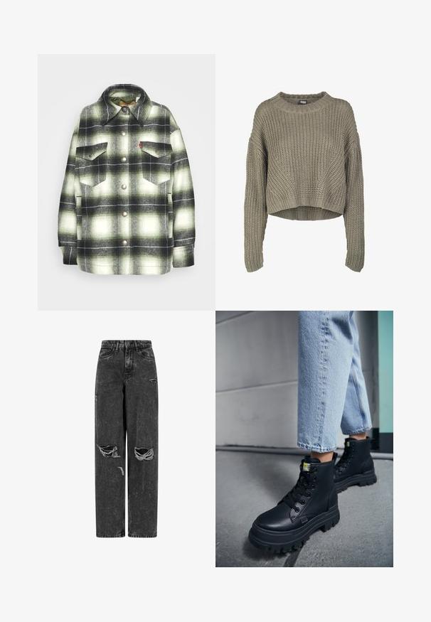 Schwarzes und grünes Karo-Flanellhemd mit zwei Brusttaschen, Metallknöpfen und einem spitzen Kragen. Weicher Stoff mit Vintage-Stil.; Olivgrüner, verkürzter Strickpullover mit strukturiertem Muster, rundem Ausschnitt und langen Ärmeln. Dicke Rippstruktur am Saum und an den Bündchen.; Schwarze hochgeschnittene weit geschnittene Jeans mit aufgerissenen Knien und abgetragenen Details auf einem weißen Hintergrund.; Person, die hellblaue Jeans und schwarze klobige Schnürstiefel trägt und auf einem Betonboden nahe einer Wand steht.