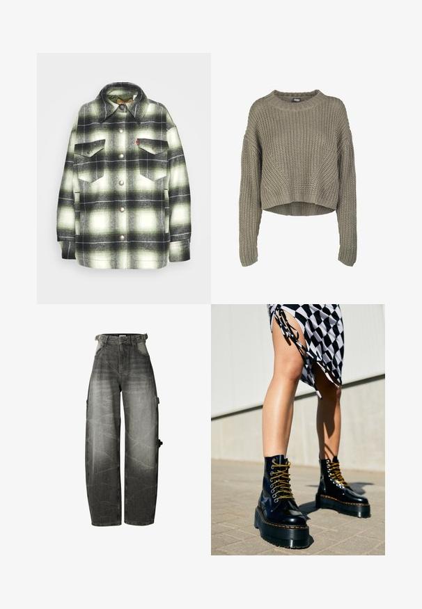 Schwarzes und grünes Karo-Flanellhemd mit zwei Brusttaschen, Metallknöpfen und einem spitzen Kragen. Weicher Stoff mit Vintage-Stil.; Olivgrüner, verkürzter Strickpullover mit strukturiertem Muster, rundem Ausschnitt und langen Ärmeln. Dicke Rippstruktur am Saum und an den Bündchen.; Schwarz gewaschene Jeans mit weitem Bein, hoher Taille, Fronttaschen und Gürtelschlaufen, mit einer Taschenapplikation am rechten Bein.; Schwarze Leder-Plateau-Stiefel mit klobigen Sohlen, goldenen Schnürsenkeln und orangefarbenen Nähten, kombiniert mit einem karierten Rock, der einen seitlichen Schlitz zeigt.