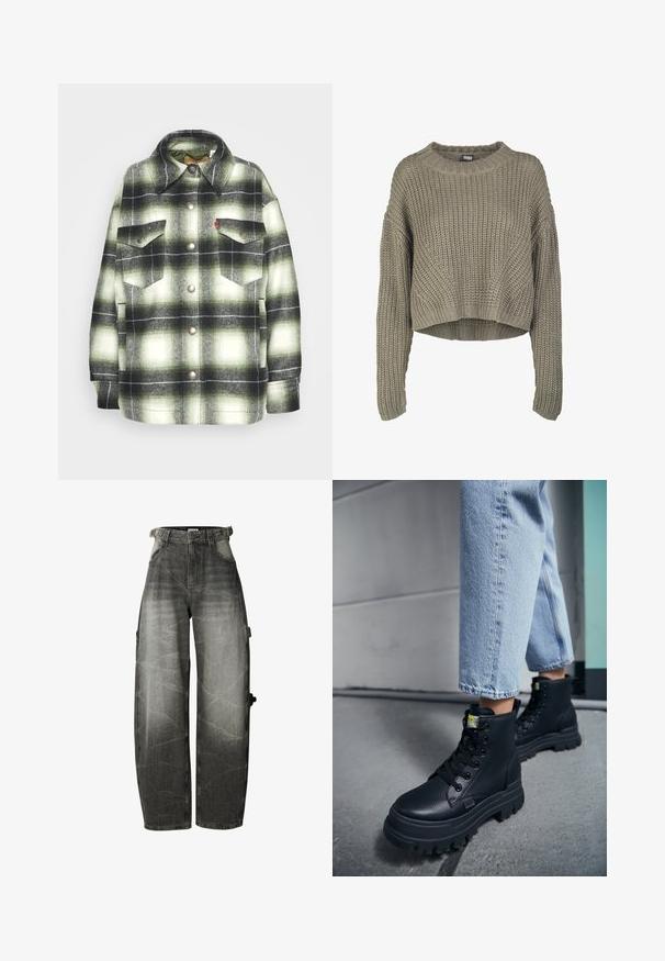 Sort og grønternet flannel skjorte med to brystlommer, metalknapper og spidse kraver. Blød tekstur med en vintage stil.; Olivengrøn, kort striktrøje med et tekstureret mønster, rund hals og lange ærmer. Tykt ribkant ved kanten og ærmerne.; Sorte jeans med vide ben, høj talje, forlommer og bæltestropper, med en lomme detalje på højre ben.; Person iført lyseblå jeans og sorte chunky snørestøvler, der står på et betongulv nær en væg.