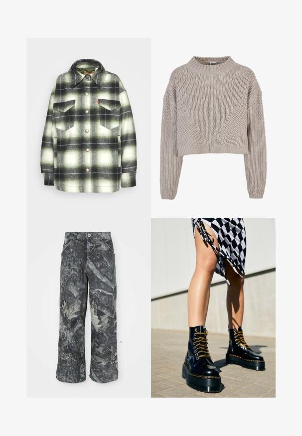 Sort og grønternet flannel skjorte med to brystlommer, metalknapper og spidse kraver. Blød tekstur med en vintage stil.; Beige chunky strikket cropped sweater med lange ærmer og ribbet rund halsudskæring samt manchetter.; Camo-mønstrede bukser med bredde ben i mørkegrå og grønne nuancer, med en knaplukning og sidelommer. Lavet af struktureret denimstof.; Sorte læder platform støvler med chunky såler, guld snørebånd og orange syninger, kombineret med en ternet nederdel med en sideslids.