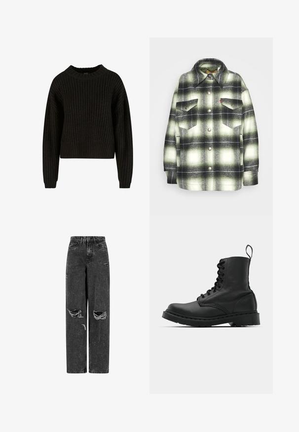 Sort og grønternet flannel skjorte med to brystlommer, metalknapper og spidse kraver. Blød tekstur med en vintage stil.; Sort strikket trøje med ribbet tekstur, rund halsudskæring og lange ærmer. Afkortet design med en løs pasform. Ingen synlige mønstre eller metaldele.; Sorte højtaljede brede bukser af jeans med rifter på knæene og slidte detaljer på en hvid baggrund.; Sort læder kampstøvle med rund tå, snørebånd foran og en løkke ved anklen. Har en tyk gummisål for holdbarhed.