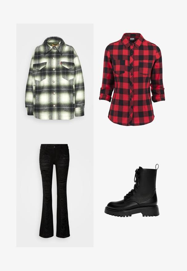 Zwart en groene geruite flanellen shirt met twee borstzakken, metalen knopen en een gespitse kraag. Zachte textuur met een vintage stijl.; Rood en zwart geruite flanellen shirt, lange mouwen met opgerolde manchet, spitse kraag, twee borstzakken, knoopsluiting aan de voorkant, zachte textuur.; Zwarte denim flared jeans met versleten accenten aan de voorkant, getextureerde patches en een klassieke vijf-pocket ontwerp met een knoopsluiting.; Zwarte veterschoenen enkelboots van synthetisch leer, met een chunky zool, een trekhaak en uitgesproken stiksels.