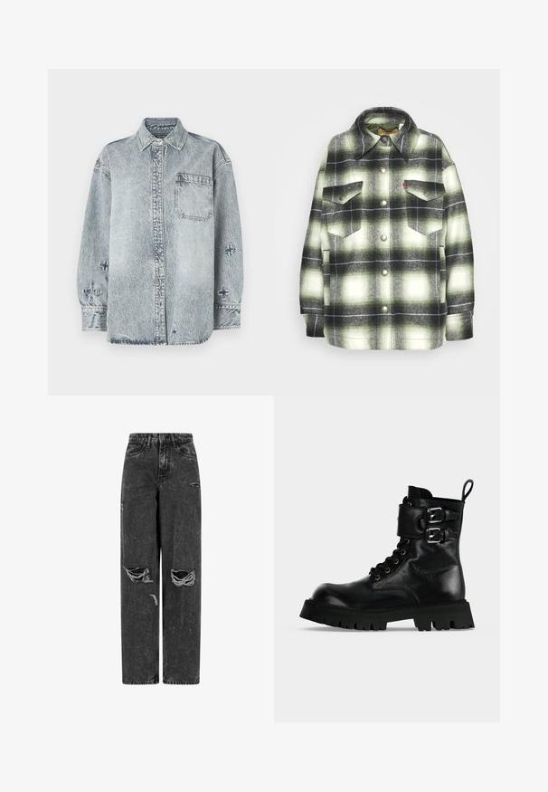Sort og grønternet flannel skjorte med to brystlommer, metalknapper og spidse kraver. Blød tekstur med en vintage stil.; Lyseblå denimskjorte med lange ærmer, knaplukning foran, enkelt brystlomme og krydsbroderi detaljer på ærmerne.; Sorte højtaljede brede bukser af jeans med rifter på knæene og slidte detaljer på en hvid baggrund.; Sort læder kampstøvle med tyk grovmasket sål, sidelukkebeslag, snørebånd og hælrem på en lys baggrund.
