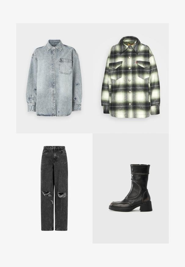 Sort og grønternet flannel skjorte med to brystlommer, metalknapper og spidse kraver. Blød tekstur med en vintage stil.; Lyseblå denimskjorte med lange ærmer, knaplukning foran, enkelt brystlomme og krydsbroderi detaljer på ærmerne.; Sorte højtaljede brede bukser af jeans med rifter på knæene og slidte detaljer på en hvid baggrund.; Sort læderankelstøvle med rundet tå, teksturerede detaljer, syning og en kraftig hæl. Lynlås i siden og glat finish.