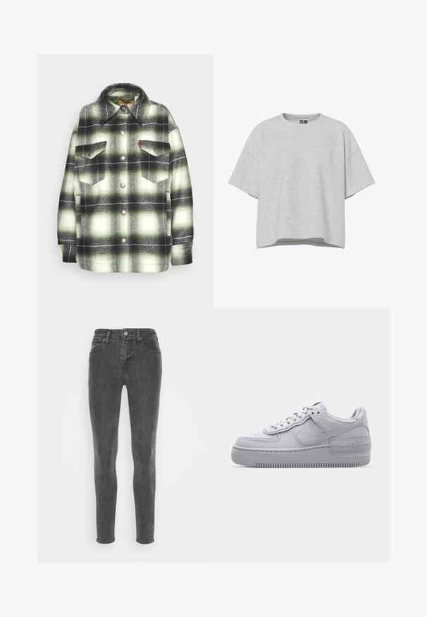 Chemise en flanelle à carreaux noirs et verts avec deux poches poitrine, boutons en métal et col pointu. Texture douce avec un style vintage.; T-shirt gris à manches courtes avec une coupe décontractée, encolure ronde et texture douce. Aucun motif ni accent visible.; Jeans skinny en denim gris foncé, avec un design classique à cinq poches, passants de ceinture et fermeture à bouton. Texture lisse avec un léger délavage.; Basket en cuir lisse gris Nike Air Force 1 avec un bout perforé, une semelle épaisse et un détail 'AIR' en relief sur le talon.
