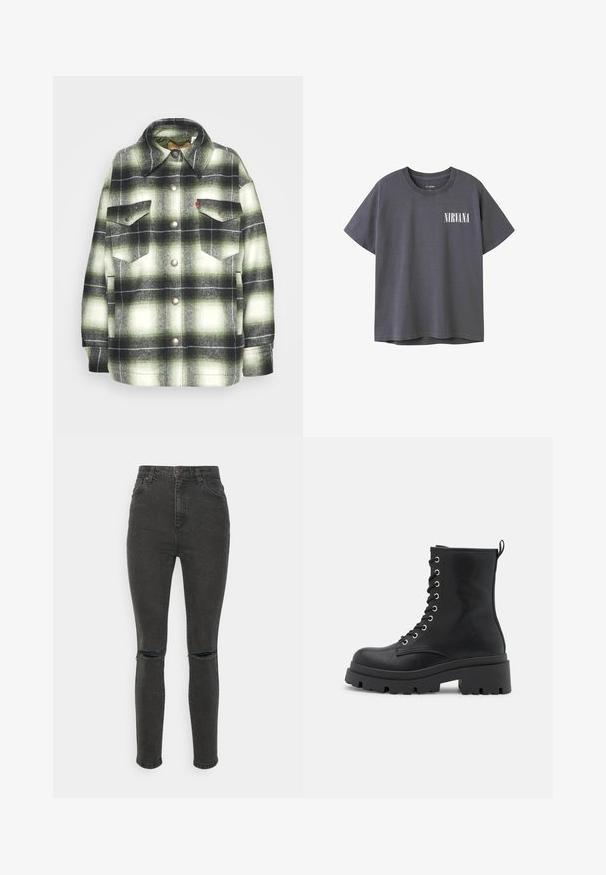 Zwart en groene geruite flanellen shirt met twee borstzakken, metalen knopen en een gespitse kraag. Zachte textuur met een vintage stijl.; Donkergrijze katoenen t-shirt met korte mouwen en een ronde hals, voorzien van een witte "NIRVANA" graphic op de linkerkant van de borst.; Cotton On CURVY SKINNY - Jeans Skinny Fit - graphite black rip; Zwarte veterankers met een chunky zool, een gladde textuur, zilverkleurige details en een treklus aan de achterkant voor gemakkelijk aan- en uittrekken.