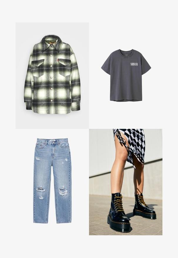 Sort og grønternet flannel skjorte med to brystlommer, metalknapper og spidse kraver. Blød tekstur med en vintage stil.; Mørkegrå bomulds t-shirt med korte ærmer og rund hals, med et hvidt "NIRVANA" grafik på venstre brystområde.; Lyseblå jeans med lige ben, slidte huller på begge ben, fem-lommer-stil og knaplukning i taljen.; Sorte læder platform støvler med chunky såler, guld snørebånd og orange syninger, kombineret med en ternet nederdel med en sideslids.