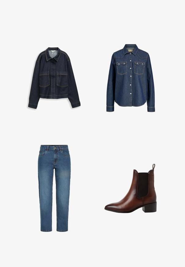Donkerblauw spijkerjack met lange mouwen, borstzakken, kraag en zichtbare gele stiksels, afgebeeld op een witte achtergrond.; Donkerblauwe denim overhemd met een puntkraag, twee borstzakken en gestikte accenten. Voorzien van knoopsluiting en lange mouwen.; Blauwe high-waist straight-leg spijkerbroek met voorste knoop en ritssluiting, twee voorzakken en riemlussen.; Bruine leren enkellaars met zwart elastisch zijpaneel, treklus aan de achterkant, lage blokhak en puntige neus.