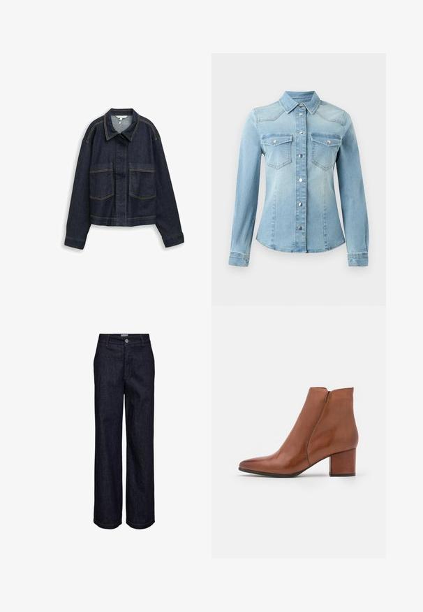 Donkerblauw spijkerjack met lange mouwen, borstzakken, kraag en zichtbare gele stiksels, afgebeeld op een witte achtergrond.; JDY JDYMOON SHIRT - Overhemdblouse - medium blue denim; Donkerblauwe rechte spijkerbroek met knoop- en ritssluiting, riemlussen en zichtbare stiksel details.; Bruine leren enkelboots met een spitse neus, middelhoge blokhak en minimale naaddetails. Glad textuur met een gepolijste afwerking.