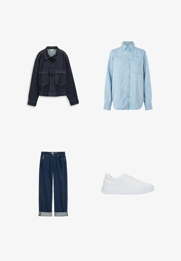 Dunkelblaue Jeansjacke mit langen Ärmeln, Brusttaschen, Kragen und sichtbaren gelben Nähten, dargestellt vor weißem Hintergrund.; Hellblaues Denim-Hemd mit langen Ärmeln, knöpfbare Front, spitzem Kragen, einzelnen Brusttasche und dezenten vertikalen Nähdetails.; Dunkelblaue Jeans aus Denim mit geradem Bein, umgeschlagenen Säumen, sichtbarem Stich und klassischem Fünf-Taschen-Stil.; Weiße Leder-Sneaker mit runder Zehenpartie, flachen Schnürsenkeln und einer dicken Gummisohle. Glatte Oberfläche mit minimalen Nähdetails.