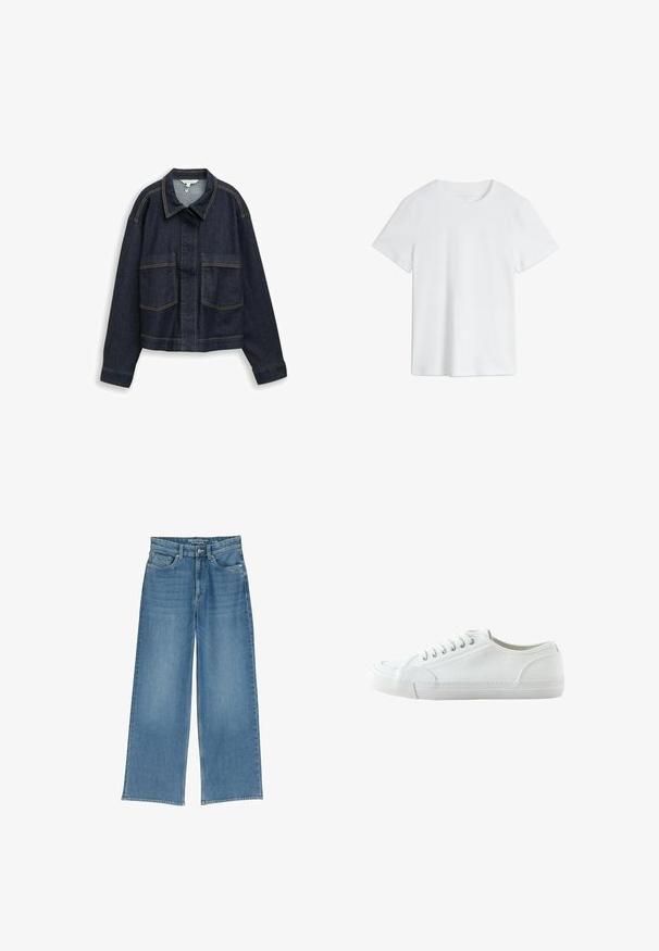 Dunkelblaue Jeansjacke mit langen Ärmeln, Brusttaschen, Kragen und sichtbaren gelben Nähten, dargestellt vor weißem Hintergrund.; Ein schlichtes weißes T-Shirt mit kurzen Ärmeln und Rundhalsausschnitt in regulärer Passform auf weißem Hintergrund.; Helle blaue weit geschnittene Denim-Jeans mit hoher Taille, fünf Taschen und sichtbaren Nähten; der Stoff hat eine leicht strukturierte Oberfläche.; Weißer Canvas-Sneaker mit niedrigem Schaft, Schnürung vorne, Gummisohle und strukturiertem Zehenkappen, gezeigt von der Außenseite vor weißem Hintergrund.