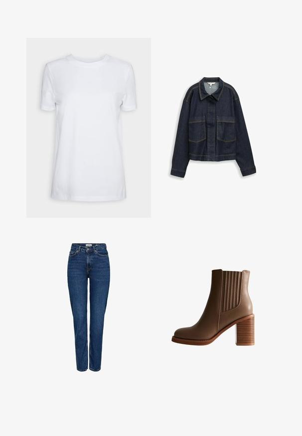 Donkerblauw spijkerjack met lange mouwen, borstzakken, kraag en zichtbare gele stiksels, afgebeeld op een witte achtergrond.; Effen wit T-shirt met korte mouwen en ronde hals, normale pasvorm en een klein label aan de binnenkant van de hals met de tekst "SELECTED FEMME."; Donkerblauwe spijkerbroek met rechte pijpen, hoge taille, vijf zakken, lichte stiksels en een subtiele textuur.; Bruine leren enkelboot met gestapelde blokhak en elastische zijpanelen voor makkelijke instap, weergegeven in profielweergave op een witte achtergrond.