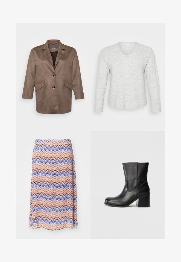 Brun faux suede blazer med notched lapels, to frontlommer og en enkelt knaplukning. Har 3/4-længde ærmer.; Lys grå langærmet sweater med ribbet tekstur, V-hals og en let buet kant. Blødt materiale med subtile mønstervariationer.; Multifarvet zigzag mønster nederdel. Lavet af letvægtsstof, med en flared silhuet og en taljeelastik. Overvejende orange, blå og rød.; Sort læderankelstøvle med rundet tå, sidesømme og en chunky blokhælk. Glat tekstur og minimalistisk design.