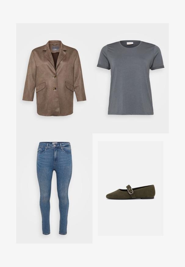 Brun faux suede blazer med notched lapels, to frontlommer og en enkelt knaplukning. Har 3/4-længde ærmer.; Grå kortærmet T-shirt lavet af blødt stof, med en klassisk rund halsudskæring og oprullede ærmer. Glat tekstur uden synlige mønstre.; Slanke jeans i mellemblå denim med en glat tekstur, fem-lomme design og lynlås lukning. Har subtile falmede områder og tonale syninger.; Æblegrøn ruskind Mary Jane flad sko med sølvspænde og rundet tå, vist på en hvid baggrund.