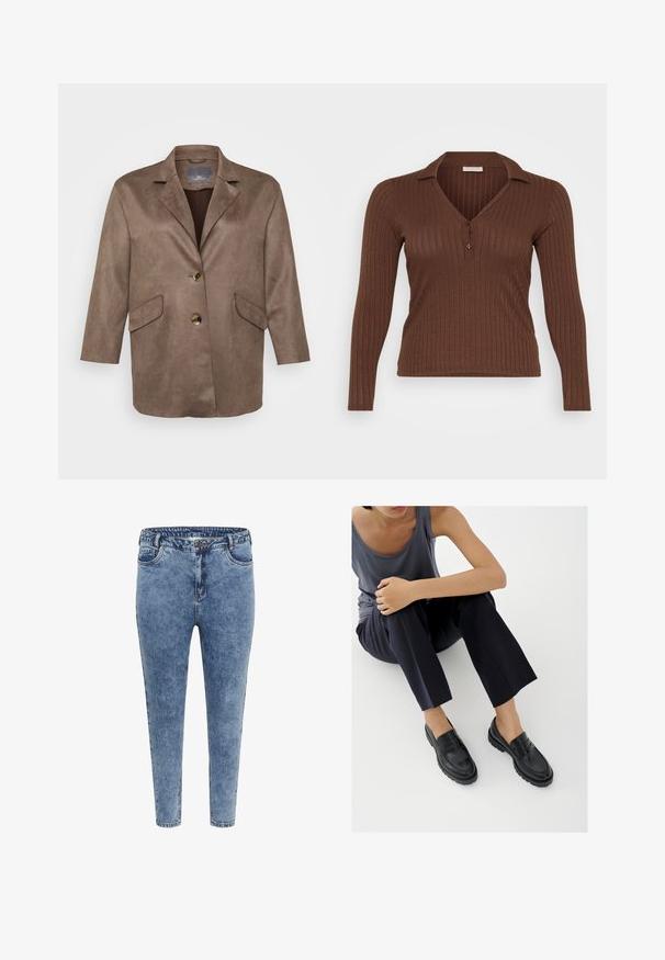 Brauner Kunstsuede-Blazer mit Reverskragen, zwei vorderen Taschen und einem einzelnen Knopfverschluss. Mit 3/4-Ärmeln.; Braunes, geripptes Langarmoberteil mit V-Ausschnitt und Knopfleiste, aus einem weichen, strukturierten Stoff gefertigt.; Blaue Skinny Jeans aus Denim mit hoher Taille, fünf Taschen und einem Reißverschluss. Der Stoff hat eine leicht ausgewaschene Textur mit kontrastierenden Nähten.; Schwarze Leder-Loafer mit strukturierten Akzenten, niedrigem Absatz, rundem Zehenbereich und sichtbarer Naht. Das Modell trägt dunkle Hosen und ein graues Oberteil.