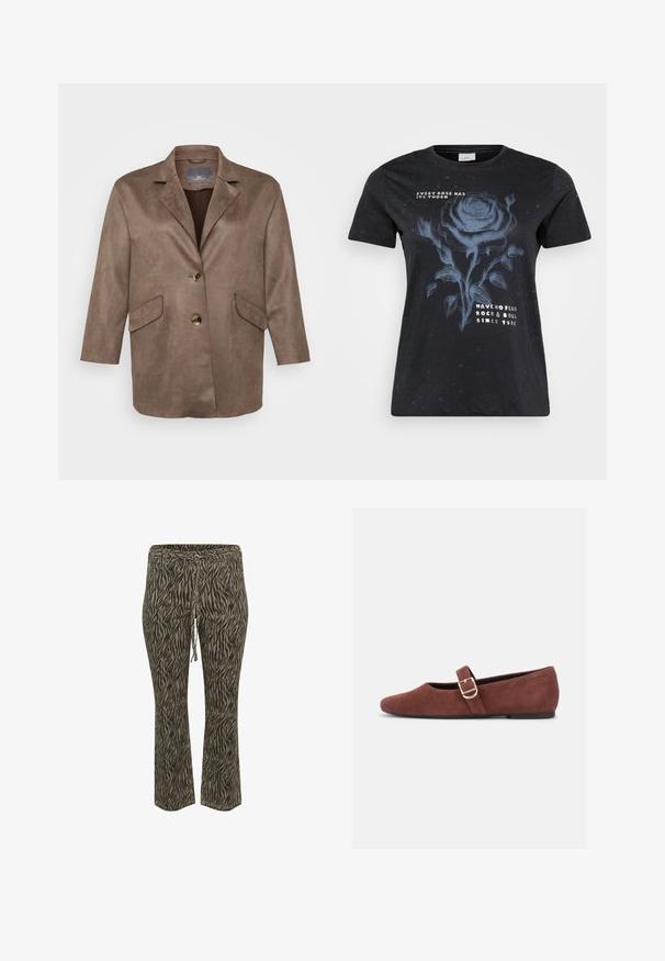 Brun faux suede blazer med notched lapels, to frontlommer og en enkelt knaplukning. Har 3/4-længde ærmer.; ONLY Carmakoma CARMIKO WASHED SS REG TEE JRS - T-shirts print - black; Buks med elastisk talje og snøre i khaki og beige zebra mønster. Mellemhøj talje, flared ben design, blød tekstur. Velegnet til afslappet brug.; Brun ruskind Mary Jane-flad sko med en guldspænde og sort sål på hvid baggrund.