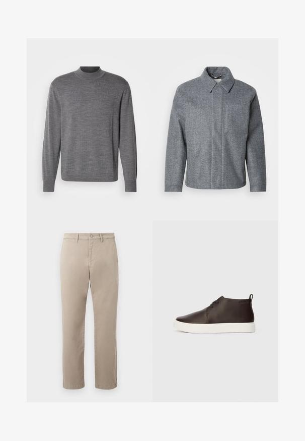 Chaqueta gris con patrón de espiga, con cuello y mangas largas. Presenta un corte recto y un diseño limpio y minimalista.; Suéter gris de manga larga hecho de material de punto, con cuello alto y un logo sutil en el pecho. Textura suave y diseño ajustado.; Pantalones beige de pierna recta con cierre de botón y cremallera, trabillas para cinturón y bolsillos delanteros.; Botas de tobillo de cuero marrón con suela de goma blanca, puntera redondeada, dos ojales para cordones y una lengüeta en la parte trasera con el logo de la marca.
