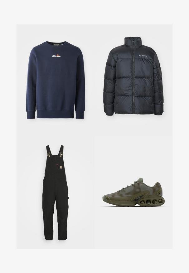 Schwarze Daunenjacke mit hohem Kragen, Reißverschluss vorne, elastischen Bündchen und genähten Paneelen zur Isolierung. Mit dem Columbia-Logo auf der Brust.; Dunkelblaues Sweatshirt aus einem weichen Material, mit Rundhalsausschnitt und gerippten Bündchen. Gesticktes "ellesse"-Logo mit farbigen Akzenten.; Schwarze Baumwoll-Latzhosen mit verstellbaren Trägern, einer Fronttasche mit Logo-Patch und zwei Seitentaschen im entspannten Schnitt.; Dunkelgrüner Sportschuh mit einer strukturierten Oberseite, Schnürverschluss und einer auffälligen Sohle, die sechs sichtbare Luftpolsterungseinheiten aufweist.