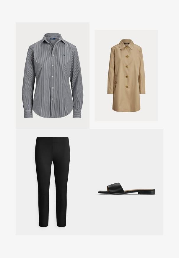 Trench-coat beige simple boutonnage avec cinq boutons marron, col à pointes, manches longues et deux poches à rabat avec fermeture par boutons.; Chemise à boutons rayée présentant des rayures verticales bleu marine et blanches, manches longues, col pointu et un petit logo sur la poitrine.; Leggings noirs extensibles avec une texture lisse et une coupe ajustée. Sans coutures ou motifs visibles. Longueur intégrale, avec une ceinture élastique.; Sandale plate noire à enfiler avec une large bride en cuir présentant un logo embossé subtil et un petit talon.