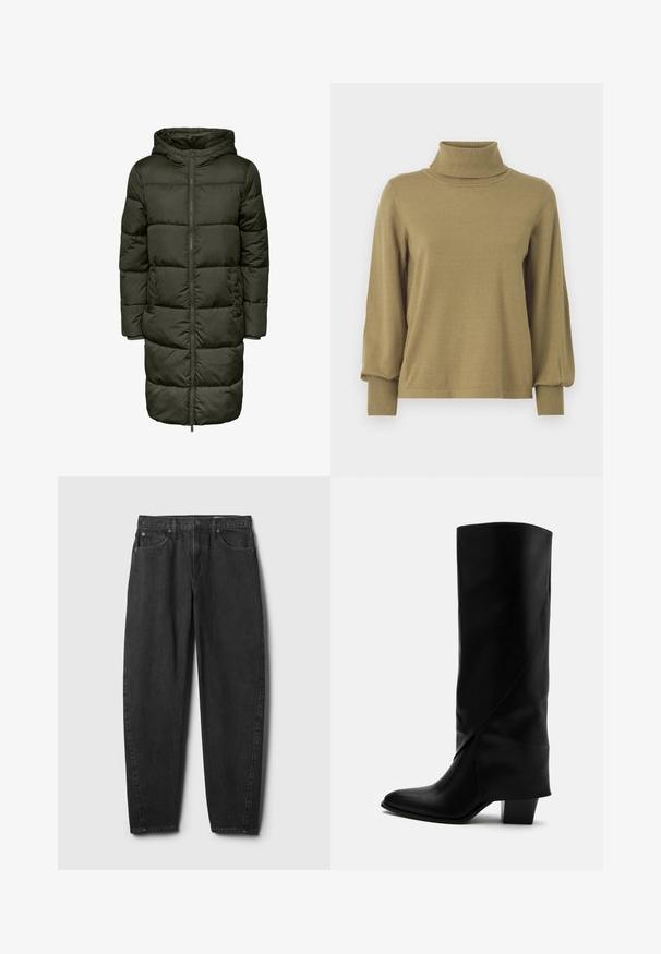Puffer-Langjacke in Dunkelgrün, mit Kapuze, Reißverschluss und elastischen Bündchen. Hergestellt aus isolierendem Material, das Wärme und Komfort bietet.; VILA VIAMANDA TURTLE NECK - Strickpullover - gothic olive; Schwarze Jeans aus Denim mit geradem Beinverlauf, ausgestattet mit fünf Taschen, einem Knopfverschluss und dezenten Ziernähten. Klassisches Design und Textur.; Hoher schwarzer Lederstiefel mit schräger Naht, spitzer Spitze und klobigem mittelhohem Absatz auf weißem Hintergrund.