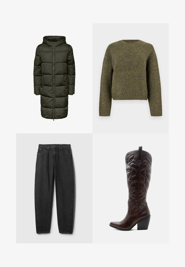 Puffer-Langjacke in Dunkelgrün, mit Kapuze, Reißverschluss und elastischen Bündchen. Hergestellt aus isolierendem Material, das Wärme und Komfort bietet.; Grüner Wollpullover mit Rundhalsausschnitt, gerippten Bündchen und Saum, strukturiertem Stoff und einem leicht lockeren Schnitt.; Schwarze Jeans aus Denim mit geradem Beinverlauf, ausgestattet mit fünf Taschen, einem Knopfverschluss und dezenten Ziernähten. Klassisches Design und Textur.; Hoher dunkelbrauner Leder-Cowboystiefel mit gestickten dekorativen Mustern, spitzer Spitze und gestapeltem Blockabsatz.