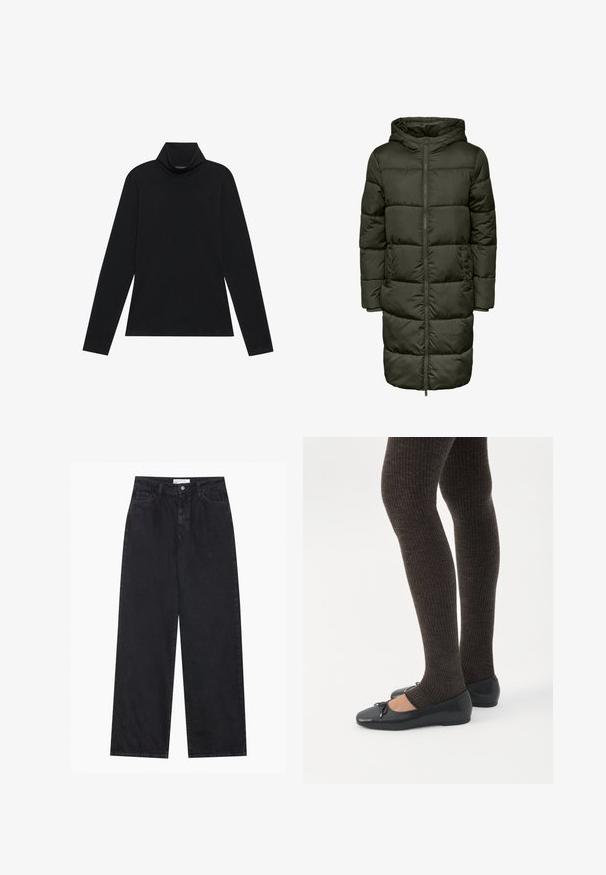 Dikke lange jas in donker groen, met een capuchon, ritssluiting en elastische manchetten. Gemaakt van geïsoleerd materiaal, dat warmte en comfort biedt.; Zwarte langetermijn turtleneck. Zachte stof, getailleerd design, hoge kraag en zijnaad. Eenvoudige en veelzijdige stijl die geschikt is voor het laagjes dragen.; Zwarte high-waisted spijkerbroek met wijde pijpen, frontknopen en ritssluiting, ceintuurlussen en een vijf-pocket stijl.; Benen met donkere geribbelde leggings gecombineerd met zwarte ballerina's met kleine strikdetails op een witte achtergrond.