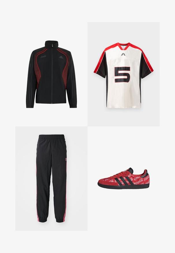 Chaqueta de chándal Adidas negra con cremallera completa en la parte delantera, detalles a rayas rojas en los laterales y logos tenues de Coca-Cola y Adidas en el pecho.; Jersey atlético de manga corta en blanco y negro, con acentos rojos. Presenta un gran número negro "5" en el frente y paneles laterales de malla.; Pantalones tipo chándal negros con rayas laterales rosas, cinturilla elástica y puños ajustados. Presenta un acabado sutil en la parte izquierda de la pierna. Textura suave.; Zapatilla roja Adidas con rayas negras y suela, con logotipos blancos de Coca-Cola por toda la parte superior de tela.