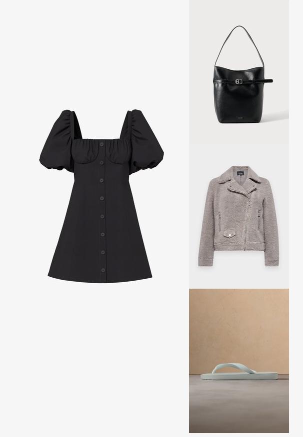 Veste en fausse fourrure grise avec un col, fermeture éclair à l'avant, deux poches latérales et une poche poitrine. Présente un ajustement près du corps et une surface texturée.; Robe courte noire avec manches courtes bouffantes, encolure carrée, boutonnage devant et corsage ajusté avec détail froncé au niveau de la poitrine.; Tongue en caoutchouc beige clair unique avec semelle texturée et bride en forme de Y sur un fond gris uni.; Sac seau en cuir noir avec une bandoulière unique et un détail de ceinture horizontale avec boucle sur l'avant.