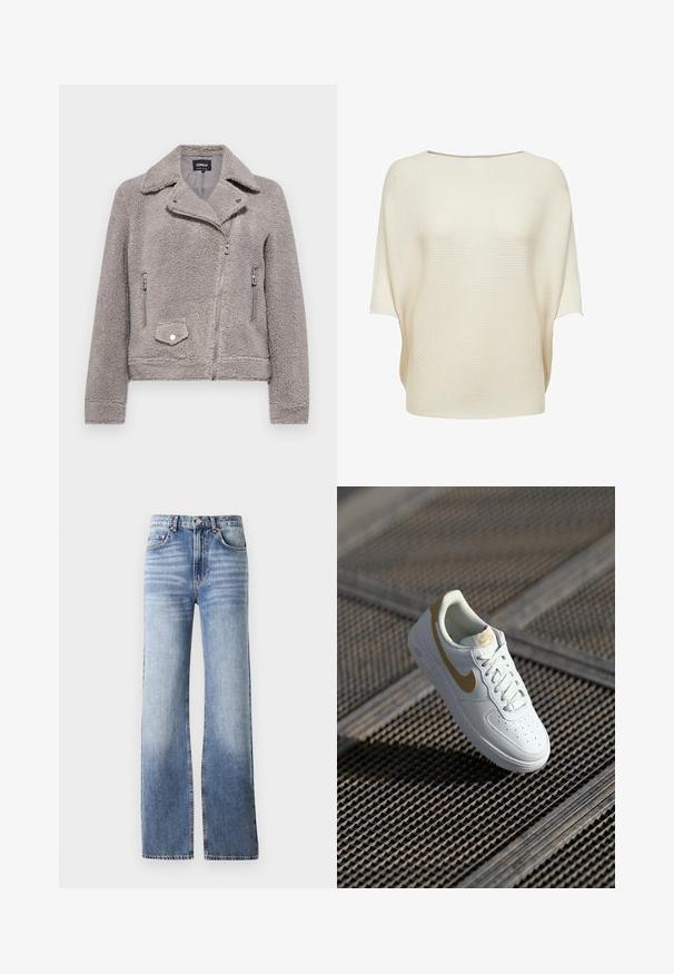 Chaqueta de pelaje sintético gris con cuello, cierre frontal de cremallera, dos bolsillos laterales y un bolsillo en el pecho. Presenta un ajuste ceñido y una superficie texturizada.; Top de punto color crema con un amplio escote barco, mangas cortas y una textura acanalada. Corte holgado con un dobladillo curvado.; Jeans de mezclilla azul claro con cintura alta, corte de pierna ancha y un desgaste sutil. Presentan un cierre de botón y un diseño de cinco bolsillos.; Zapatilla blanca de piel con detalles dorados, puntera redonda, diseño perforado en la caja de los dedos y cordones planos. Presenta la marca 'Air' en la suela.