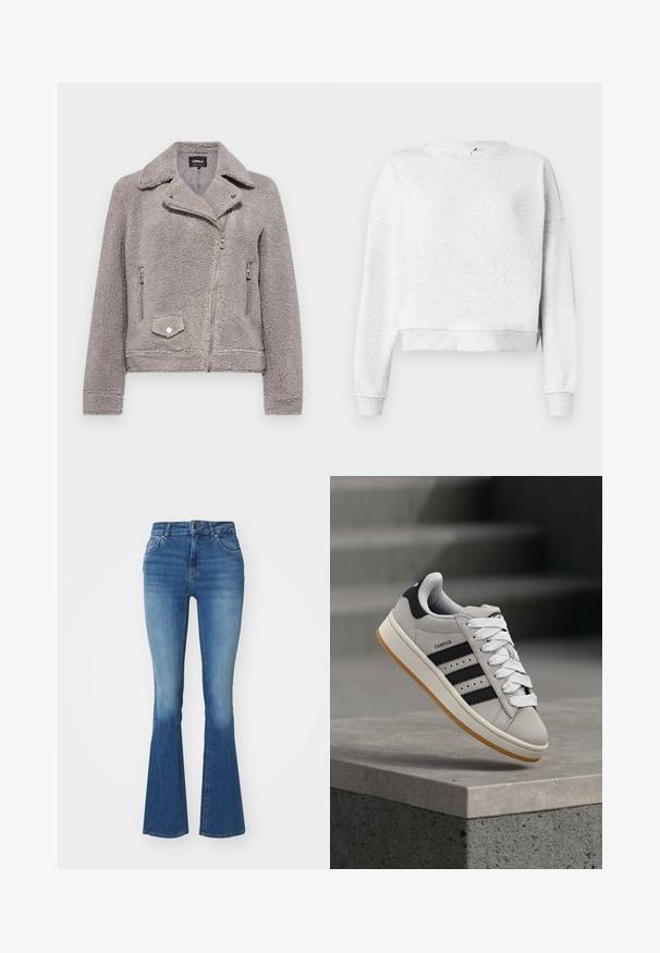 Hallide kuretekk grey faux fur jakk, millel on krae, lukuga eesmine osa, kaks küljetaskut ja üks rinnatasku. Omab tihedat istuvust ja tekstuurset pinda.; Hallikas puuvillane sviiter ümmarguse kaelusega, madalate õlavarrede ja soonikuga mansettidega. Omab lühendatud äärist ja pehmet, struktuurset kangast.; Heledad kõrge vöökohaga flared teksad helesinisest denimist, millel on sile tekstuur, lukuga ja nööbiga ees, ning kaks esi taskut.; Hall Adidas Campus spordijalats mustade triipude ja valgete paeltega, mis hõljub betoonist ääre kohal, kus taustal on trepid.