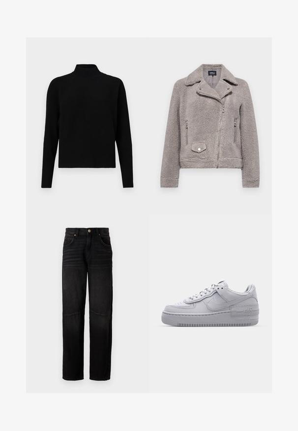 Grå faux fur jakke med krave, lynlås foran, to sidelommer og en brystlomme. Har en tætsiddende pasform og struktureret overflade.; JDY Knitted JDYPRIME Knitted - Striktrøje - black; Sorte denimjeans med lige ben, fem lommer, knaplukning og subtile falmede detaljer ved lårene og knæene.; Grå Nike Air Force 1 sneakers med perforeret tå, glat læderoverdel, tyk sål og præget 'AIR' detalje på hælen.