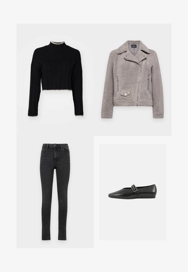 Grå faux fur jakke med krave, lynlås foran, to sidelommer og en brystlomme. Har en tætsiddende pasform og struktureret overflade.; Sort cropped sweater med ribbet tekstur, høj hals, lange ærmer og kontrastfarvet hvidt kant langs kanten og ærmerne.; Sorte skinny jeans med høj talje, fem-lomme design, glat denim tekstur og en falmet finish. Har lynlås og knaplukning.; Sorte læder flade sko med spidse tæer, prydet med en metallisk spænde over vristen og en lav, fleksibel sål.