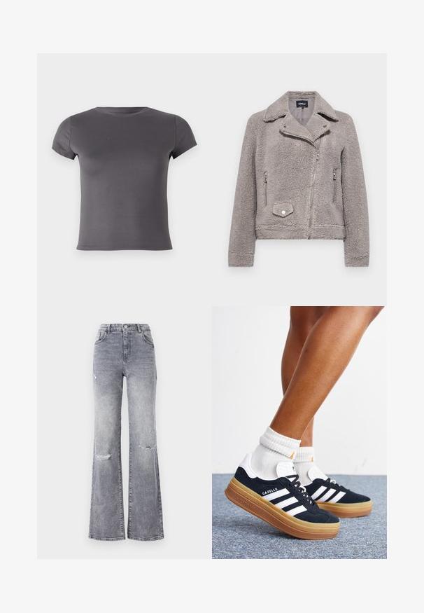 Graue Kunstfelljacke mit Kragen, Reißverschluss vorne, zwei Seitentaschen und einer Brusttasche. Sie hat eine enganliegende Passform und eine strukturierte Oberfläche.; Graues T-Shirt mit kurzen Ärmeln aus glattem Stoff, rundem Ausschnitt und taillierter Form ohne sichtbare Muster oder Akzente.; Hoch taillierte graue Denim-Jeans mit ausgestelltem Bein, versehen mit distressed Knie-Details, einem klassischen Fünf-Taschen-Design und tonalem Nähen.; Beine mit weißen Socken und schwarzen Adidas Gazelle Sneakers mit weißen Streifen und dicken braunen Sohlen auf einem grauen Teppichboden.