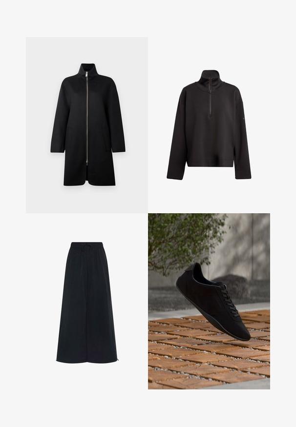 Sort zip-up frakke med høj krave, lavet af blødt stof. Har to forlommer og en løs, lige pasform. Glat tekstur.; Sort sweatshirt med høj krave og kvart-zip lukning. Har nedsænkede skuldre og en afslappet pasform. Blødt, struktureret stof.; Sorte bukser med bred benvidde, elastisk talje og justerbar snor. Fremstillet af letvægtsstof med en glat tekstur. Ingen synlige mønstre.; Sort snørebåndssneaker, der svæver over en træ- og småstensmønstret gulv med grønne blade og en grå væg i baggrunden.