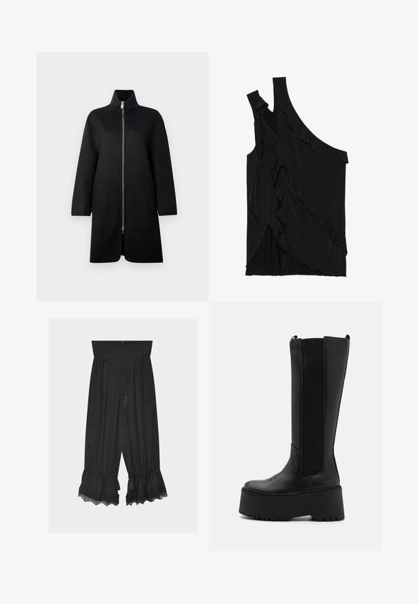 Sort zip-up frakke med høj krave, lavet af blødt stof. Har to forlommer og en løs, lige pasform. Glat tekstur.; Asymmetrisk sort top i blødt stof med flæser langs siden og en enkelt strop. Glat tekstur med draperede designelementer.; Sorte bukser med vide ben og høj talje, snøre i taljen, blondekant på siderne og flæsekant med kvaster forneden.; Sort knæhøje støvler med en glat læderoverdel, elastiske sidepaneler og en tykk platformssål med en skridsikker bund.