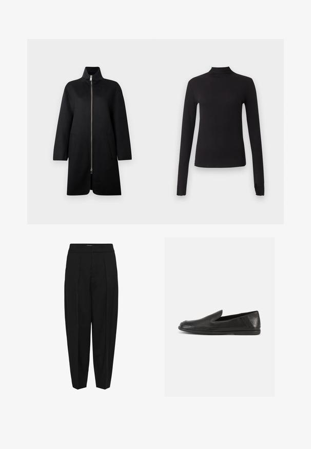 Manteau zippé noir avec un col haut, en tissu doux. Il possède deux poches avant et une coupe ample et droite. Texture lisse.; Haut noir ajusté à manches longues avec col montant, présenté sur un fond gris clair uni.; Pantalon noir taille haute, coupe ajustée, avec plis sur le devant et jambes légèrement effilées, sur fond blanc.; Chaussures en cuir noir à enfiler, avec une finition lisse, un bout arrondi et un design minimaliste. Elles possèdent une semelle basse en caoutchouc flexible.