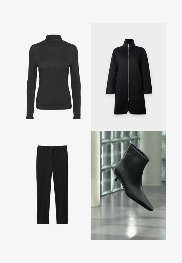 Sort zip-up frakke med høj krave, lavet af blødt stof. Har to forlommer og en løs, lige pasform. Glat tekstur.; Sort langærmet turtleneck skjorte lavet af glat, strækbart stof. Har et tætsiddende design og en klassisk høj krave.; Sorte bukser med skræddersyet design, flad front, to sidelommer og lige benudskæring. Fremstillet af glat stof med en subtil glans.; Sort læderankelstøvle med spids tå og lav kitten-hæ, vist vinklet mod en poleret gulv- og glasblokvæg.