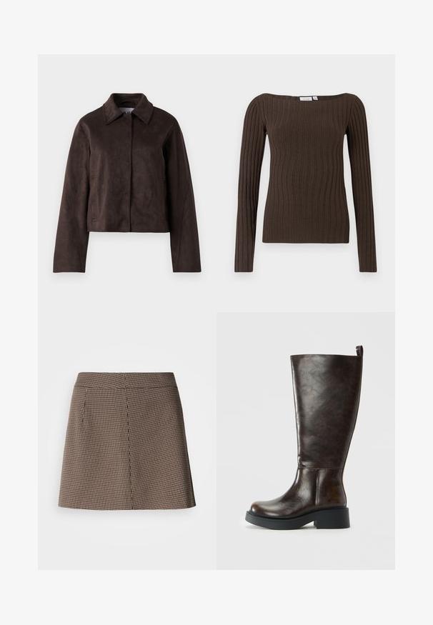 Braune Wildleder-Cropped-Jacke mit Kragen, langen Ärmeln und einem durchgehenden Reißverschluss vorne. Seitentaschen erhöhen die praktische Gestaltung.; Braunes, geripptes Langarmtop mit quadratischem Ausschnitt und figurbetontem Design, gefertigt aus weichem Strickstoff für hohen Tragekomfort.; Minirock im braun-schwarzen Hahnentrittmuster mit geradem Schnitt und vorderer Nahtdetails auf weißem Hintergrund.; Dunkelbraune Lederkniehohe Stiefel mit abgerundeter Spitze, robustem schwarzen Sohlen, niedrigem Blockabsatz und Zuglasche hinten oben.
