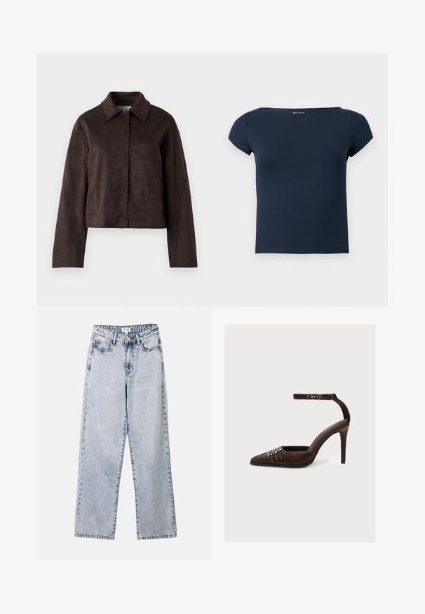 Bruine suède cropped jas met een kraag, lange mouwen en een ritssluiting aan de voorkant. Zakken aan de zijkant vergroten het praktische ontwerp.; Navyblauw aansluitend shirt met korte mouwen en brede boothals, afgebeeld op een effen lichte achtergrond.; Lichtblauwe straight-leg jeans van denim, met twee voorkruimelzakken, een knoopsluiting en contrasterende stiksels langs de naden.; Bruine leren hoge hak schoen met puntige neus, drie decoratieve zilveren gespen aan de voorkant en enkellus met zilveren gesp.