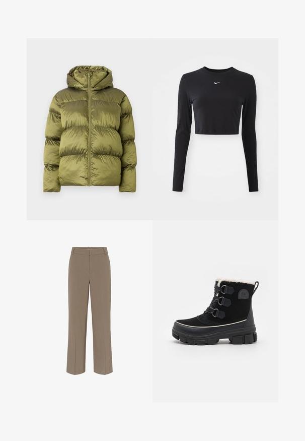 Oliven grøn pufferjakke med hætte, med lynlås foran, vandret quiltet design og let glans i struktureret stof.; Sort langærmet cropped top lavet af blødt stof, med rund halsudskæring og et hvidt Nike-logo på brystet.; Lige ben taupe bukser med bæltesløjfer, frontlynlås og knaplukning, skræddersyet til en formel eller forretningsmæssig stil.; Sorte vandtætte støvler med overdel af ruskind, for af kunstpels, tre øjer snøresystem, tyk gummisål og kontrasterende hvid trim.