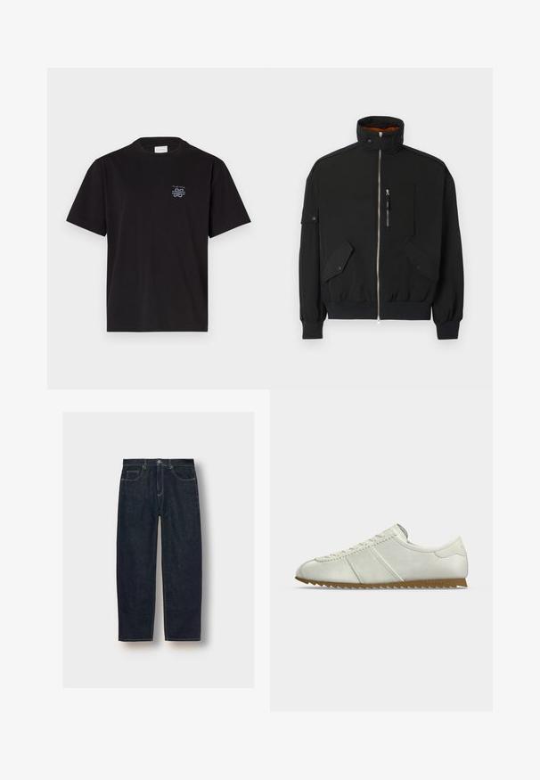 Schwarzejacke aus leichtem Material mit hohem Kragen, Reißverschluss vorne, Brusttasche und zwei vorderen Klapptaschen mit Druckknopfverschluss.; Schwarzes Baumwoll-T-Shirt mit Rundhalsausschnitt und kurzen Ärmeln. Mit einem kleinen blauen Logo auf der linken Brust. Einfaches, gerade geschnittenes Design.; Dunkelblaue Jeans aus Denim mit lockerer Passform, fünf Taschen und Kontrastnähten. Mit einem Knopf- und Reißverschluss ausgestattet. Glatte Textur.; Niedrigprofiliger weißer Sneaker mit Wildlederakzenten, Schnürverschluss und brauner Zickzack-Gummisohle, von der Außenseite gezeigt.