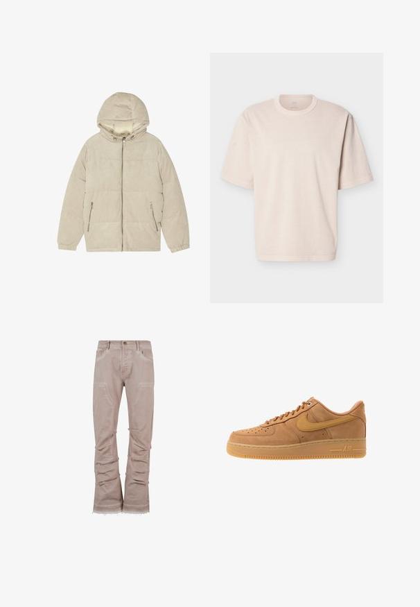 Beige manchester-pufferjakke med hætte, lynlås foran og sidelommer. Har ribbet tekstur og elastiske manchetter for varme.; Beige oversized T-shirt med korte ærmer, rund hals og enkel syning, vist fladt på en hvid baggrund.; Lys beige corduroy bukser med en afslappet pasform, der har store frontlommer, sidelægning og frynsede kanter for et struktureret look.; Nike Sportswear AIR FORCE 1 07 - Sneakers - flax/wheat/light brown/black/team gold
