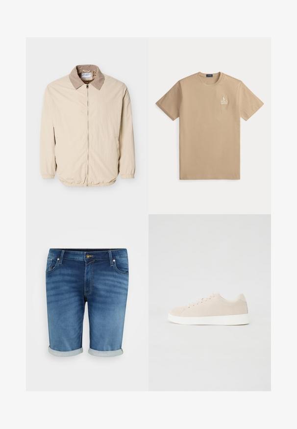 Beige letvægtsjakke med en lidt mørkere krave, lynlås foran, elastiske manchetter og to sidelommer.; Beige Polo Ralph Lauren t-shirt med korte ærmer, rund hals og lille hvidt logo på venstre bryst.; Denim shorts i mellemblå med en let fading, der har knappelukning, fem lommer og opsmøgte kanter for et afslappet look.; Beige ruskindsneakers med hvide gummisåler, rund tå og seks snøringshuller. Glat tekstur med minimalisk design.
