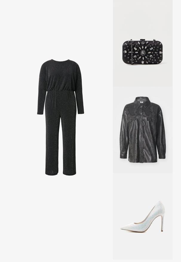 Sort syntetisk skjortejakke med slangeskindsmønster, knaplukning foran, to brystlommer og krave. Glat tekstureret finish.; Sort jumpsuit lavet af et struktureret, glitrende stof, med lange ærmer, rund halsudskæring, elastisk talje og vide benåbninger.; Hvid spids tå stilet hæl sko dækket af små iriserende rhinsten mod en ensfarvet hvid baggrund.; Sort clutch i rektangulær form, pyntet med forskellige rhinsten i et blomsterdesign, med en sølvkæde til at bære.