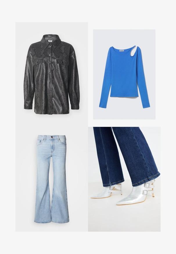 Must mustaga tumesünte jacket, millel on madu nahk mustriga, nööbitud esiosa, kaks rinna taskut ja kraega kaelus. Sile tekstuuriga viimistlus.; Sinised pika varrukaga pluus pehmest kangast, millel on unikaalne õla lõige ja ümara kaelusega. Puhtad jooned, minimalistlik stiil.; Hele sinised lehvikpõlvedega teksad, millel on kõrge vöökoht, teksakangas, viis taskut ja nööpidega sulgur. Püksisääred on laiad ja kergelt tuhmistunud viimistlusega.; Hõbedased, metallilised pahkluu saapad terava varbaga ja kahe pandlaga. Kandsid tumedat sinist, veidi laienevat teksapükse.