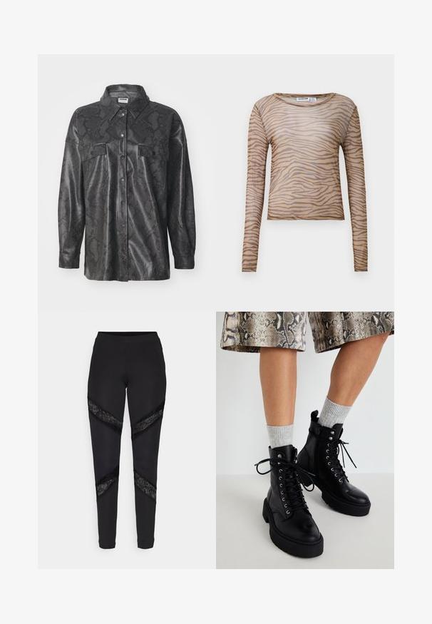 Sort syntetisk skjortejakke med slangeskindsmønster, knaplukning foran, to brystlommer og krave. Glat tekstureret finish.; Langærmet, tætsiddende, gennemsigtig beige bluse med mørkebrune zebra-striber og rund halsudskæring.; Sorte leggings med trekantede udskæringer accentueret med sort blonde i siderne, lavet af et strækbart stof med en tætsiddende pasform.; Steve Madden GUSTO - Plateaustøvletter - black