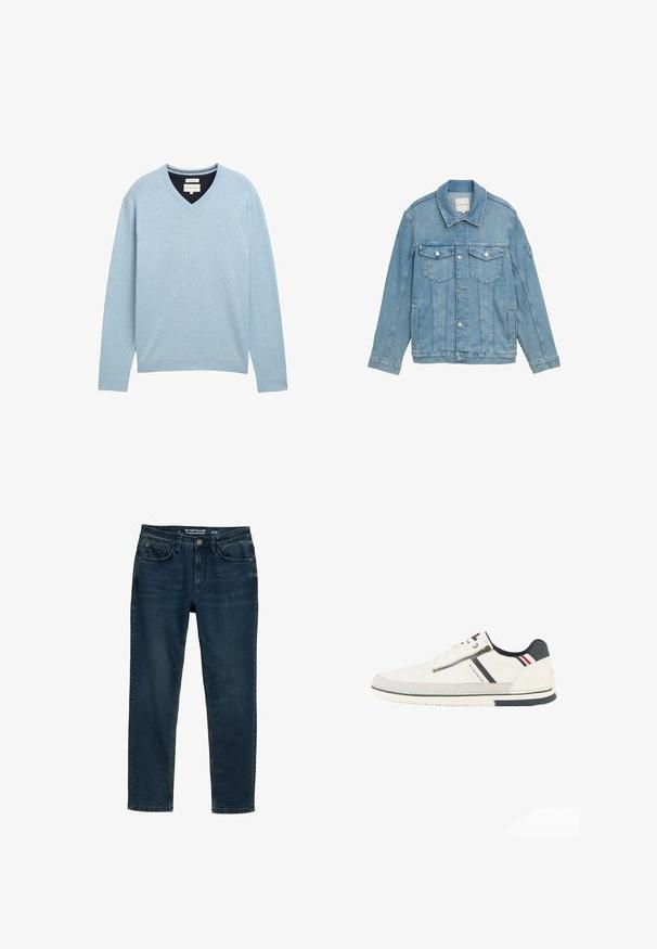 Hellblaue Jeansjacke mit klassischem Kragen, Frontknopfverschluss, zwei Brusttaschen und genähten Details. Lange Ärmel mit Knopfmanschetten.; Hellblaues V-Ausschnitt-Pullover aus weichem Baumwollmaterial. Mit langen Ärmeln, gerippten Bündchen und einem dezenten Logo auf der Brust.; Dunkelblaue Denim-Jeans mit geradem Schnitt. Verfügt über fünf Taschen, einen Reißverschluss und kontrastierende Nähte entlang der Nähte.; Weißer Sneaker in Low-Top-Ausführung mit seitlichem Reißverschluss, marineblauen und roten Akzenten, schwarzem Fersenpatch und "Tom Tailor"-Markenlogo an der Seite.