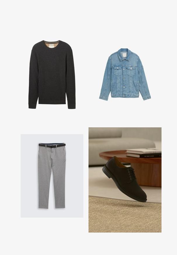 Lyseblå denimjakke med klassisk krave, frontlukning med knapper, to brystlommer og syet detaljer. Lange ærmer med knapmanchetter.; Sort ribbestrikket sweater med rund hals og lange ærmer. Teksturstof og et mærke synligt ved halsudskæringen.; Gråternet bukser med en glat tekstur, udstyret med et sort bælte, sidelommer og en knappet front. Skræddersyet design med en slim fit.; Sort læder snøresko til formelle lejligheder, der svæver over en beige tekstureret tæppe med et træ sofabord og stabler af bøger i baggrunden.