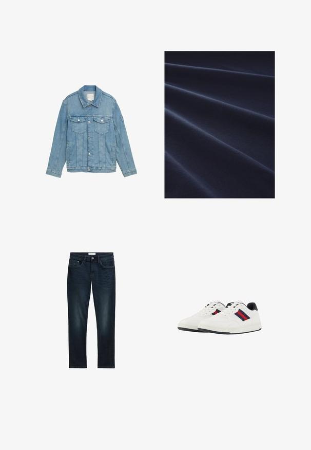 Hellblaue Jeansjacke mit klassischem Kragen, Frontknopfverschluss, zwei Brusttaschen und genähten Details. Lange Ärmel mit Knopfmanschetten.; Marineblauer Baumwollstoff mit glatter Textur und sichtbaren Falten, der eine gleichmäßige Farbe mit leichtem Glanz aufweist, der das Licht reflektiert.; Dunkelblaue Denim-Jeans mit slim Fit, ausgestattet mit fünf Taschen, einem Knopfverschluss und subtilen Ausbleichungen auf der Vorderseite für eine strukturierte Optik.; TOM TAILOR Sneaker low - white navy